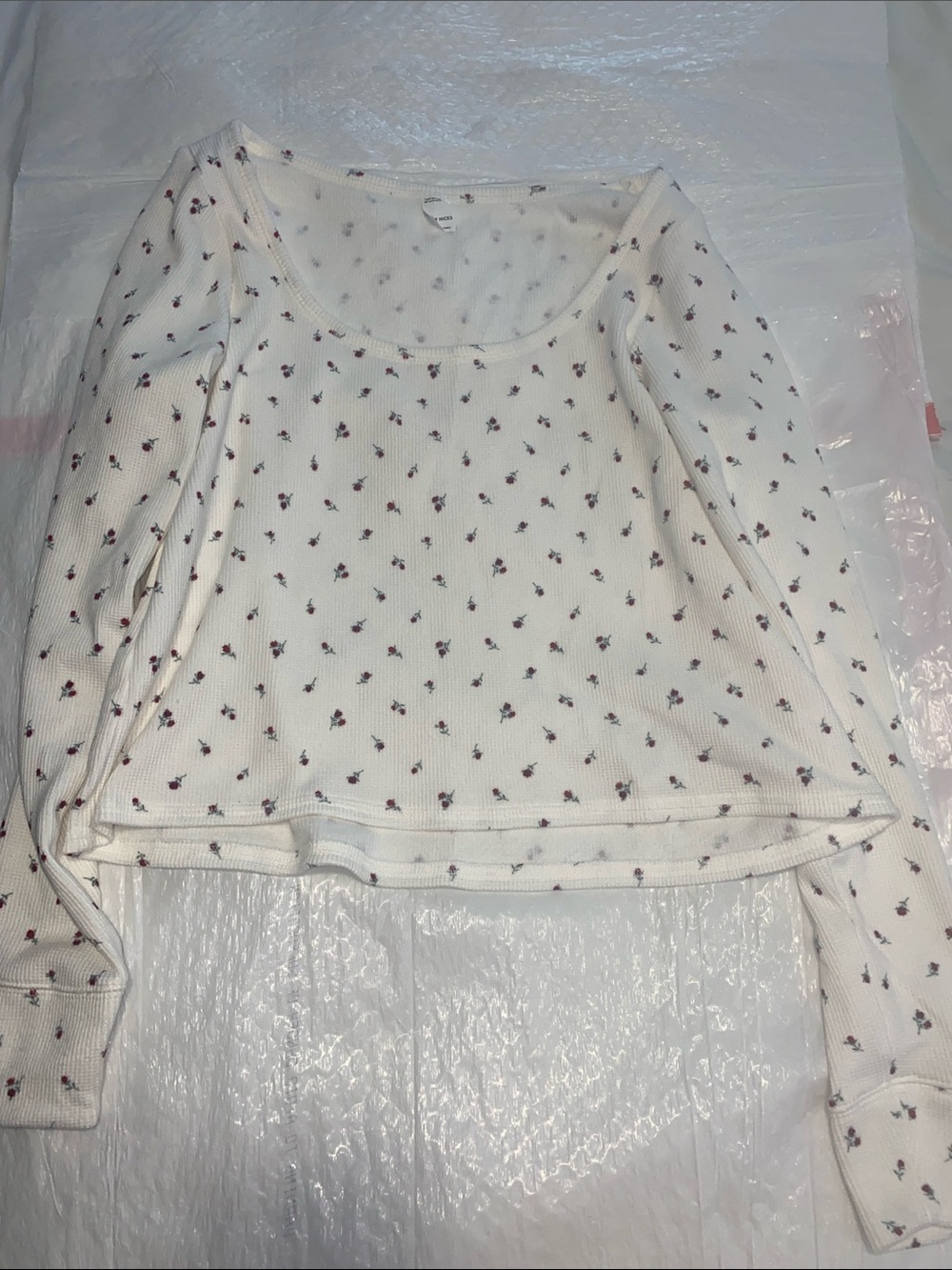 White Long Sleeve Waffle Knit Top with Floral Design